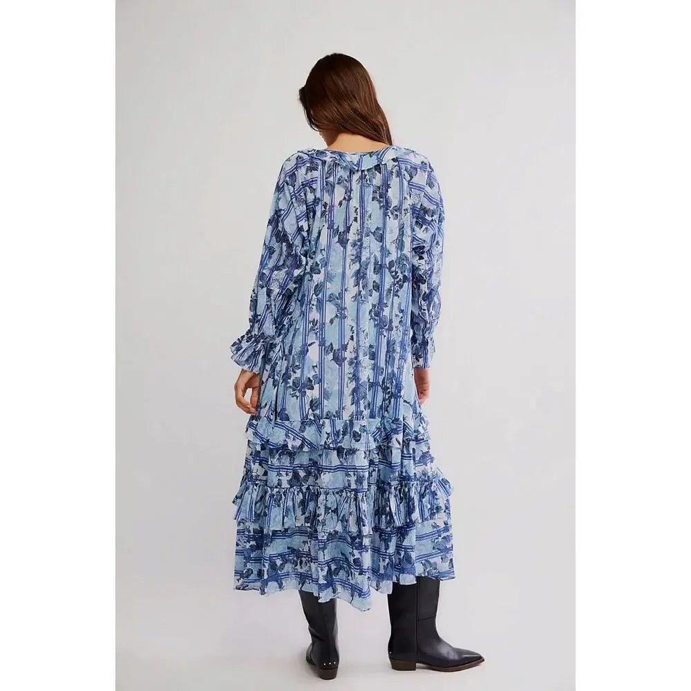 Free People Dainty Ruffle Cottage Garden Wonders Maxi Dress in Blue Combo Small